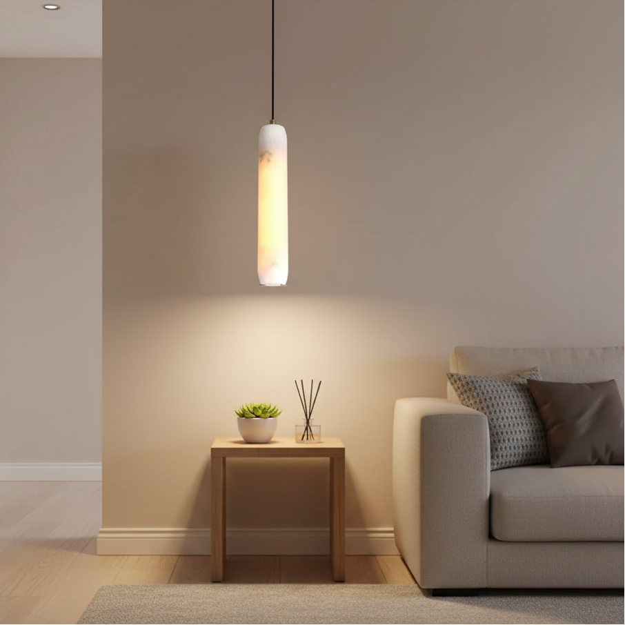 Evon alabaster tube pendant light, single long cylindrical shade on black cord