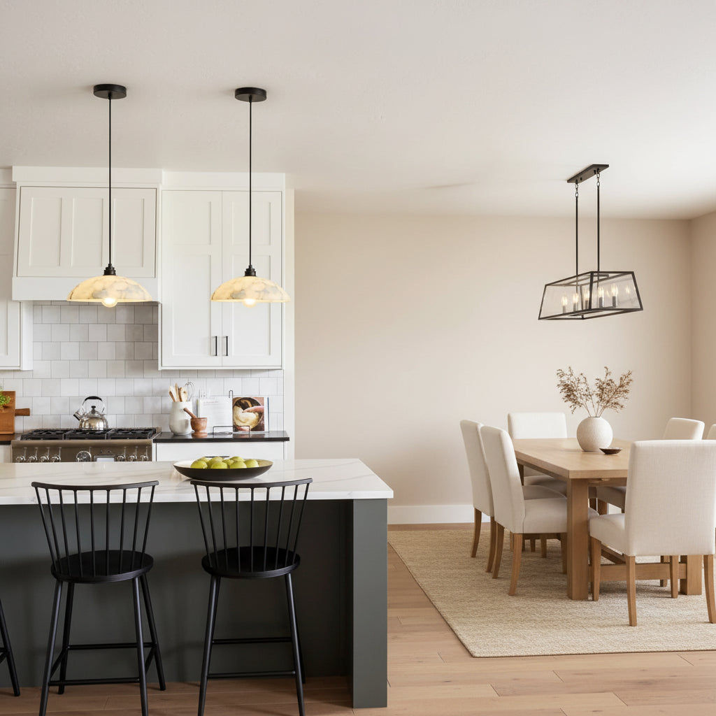 Alabaster domed pendant light over kitchen counter with black cord
