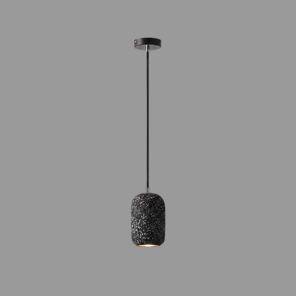 Concrete cylindrical pendant light with speckled dark shade and black cord