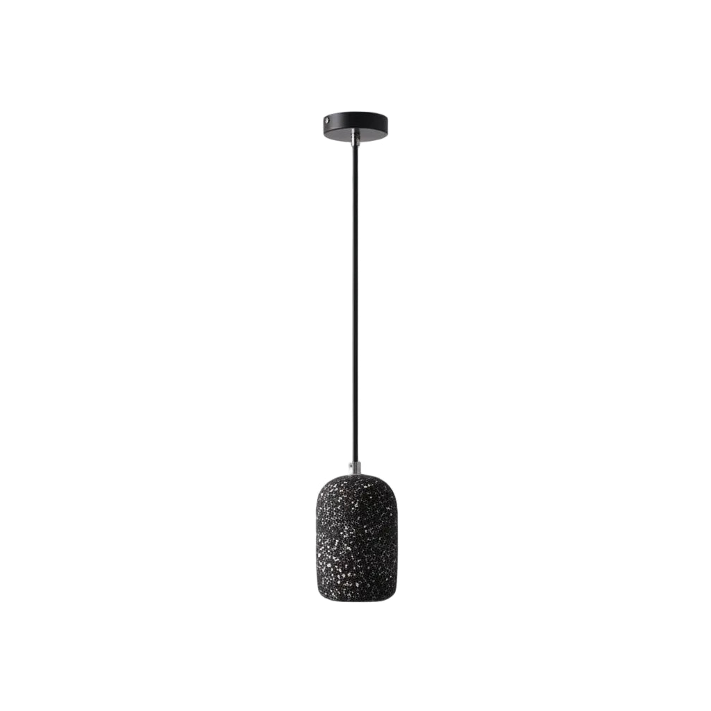 Single concrete cylindrical pendant light with speckled dark shade and black ceiling mount