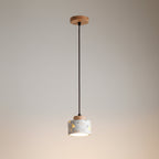 Terrazzo cylindrical drum pendant light with wood ceiling plate and hanging cord.