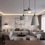Concrete pendant light with gray bell shade and brass socket, hanging from ceiling cords