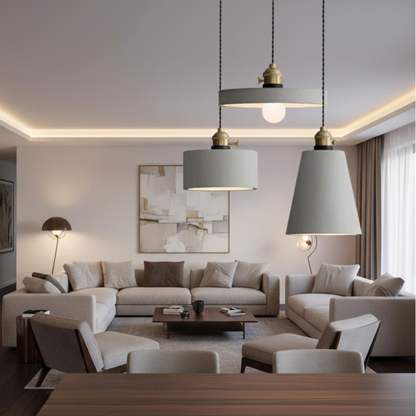 Concrete pendant light with gray bell shade and brass socket, hanging from ceiling cords