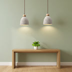 Ribbed dome pendant light set with two cream fabric shades and brown cords