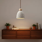 Ribbed dome pendant light with cream fabric shade and brown cord, single hanging lamp