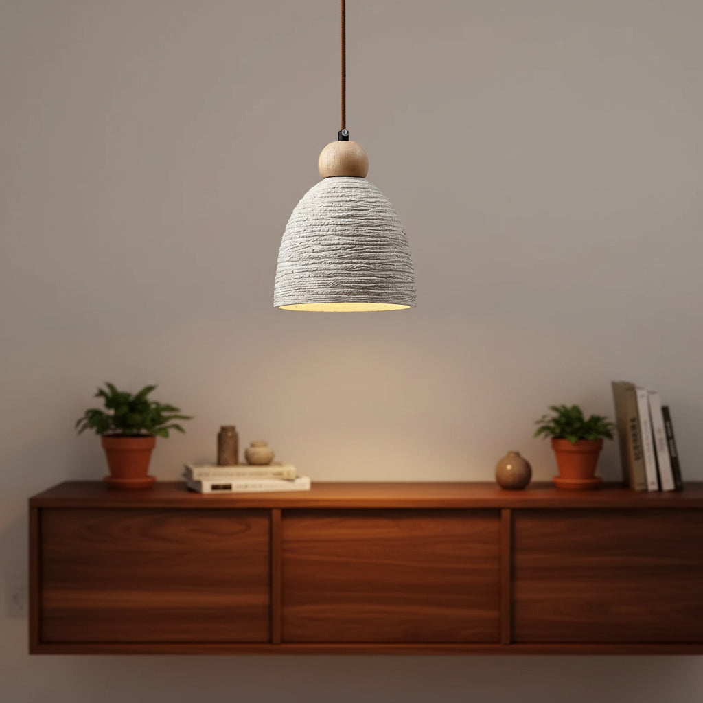 Ribbed dome pendant light with cream fabric shade and brown cord, single hanging lamp