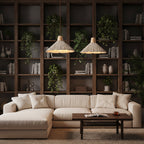Two fluted cone pendant lights with light wood tops and textured cone shades