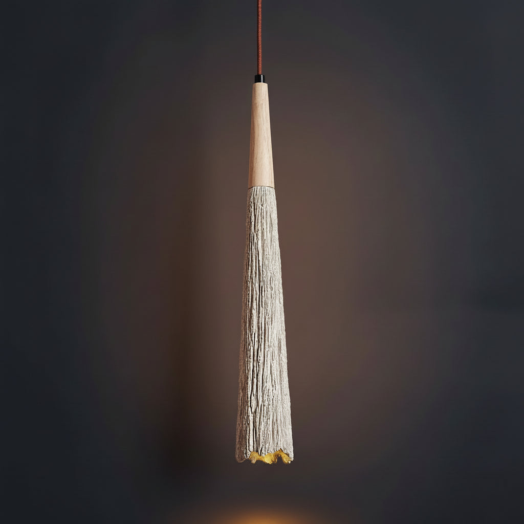 Fluted cone pendant light with light wood canopy and tassel trim on textured shade