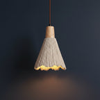 Fluted cone pendant light with light wood top and textured cone shade with golden trim