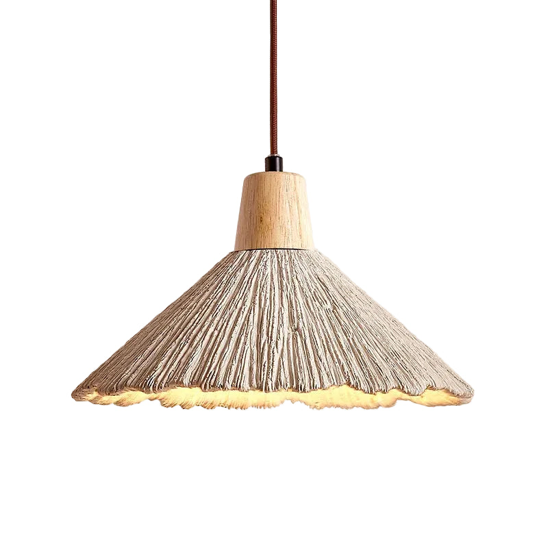 Fluted cone pendant light with light wood canopy and textured cone shade