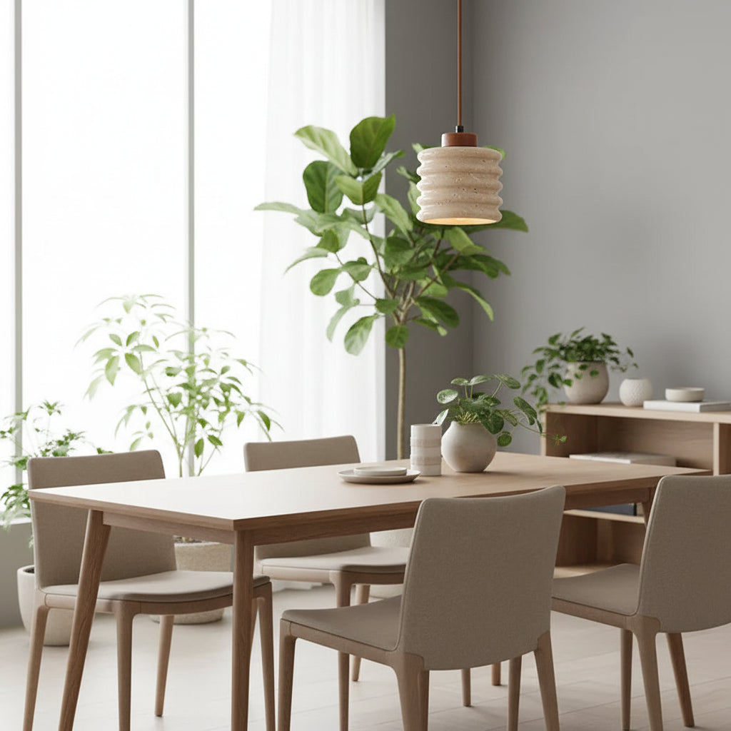Ribbed travertine pendant light with stacked cylindrical shade and hanging cord