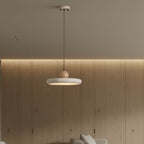 Single hanging pendant light with wood sphere and pale drum shade