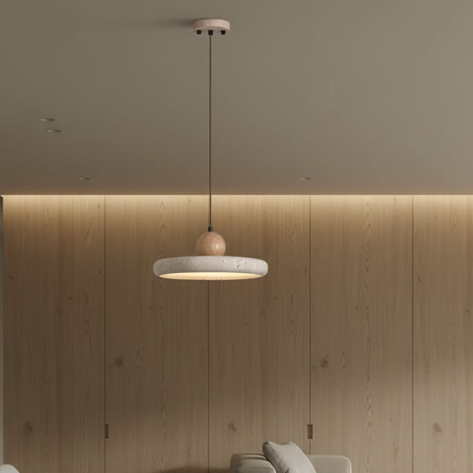 Single hanging pendant light with wood sphere and pale drum shade