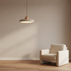 Minimal hanging pendant light with wood top and light drum shade