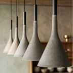 Conical concrete pendant light, speckled gray cone shade with black hanging stem