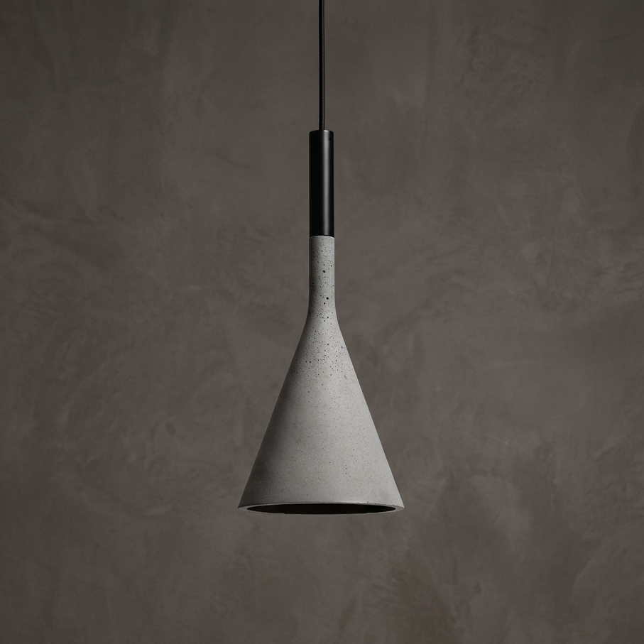 Conical concrete pendant light, speckled gray cone shade with black cord and stem