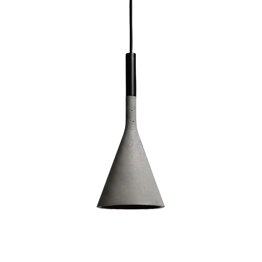 Conical concrete pendant light with speckled gray shade and black cord