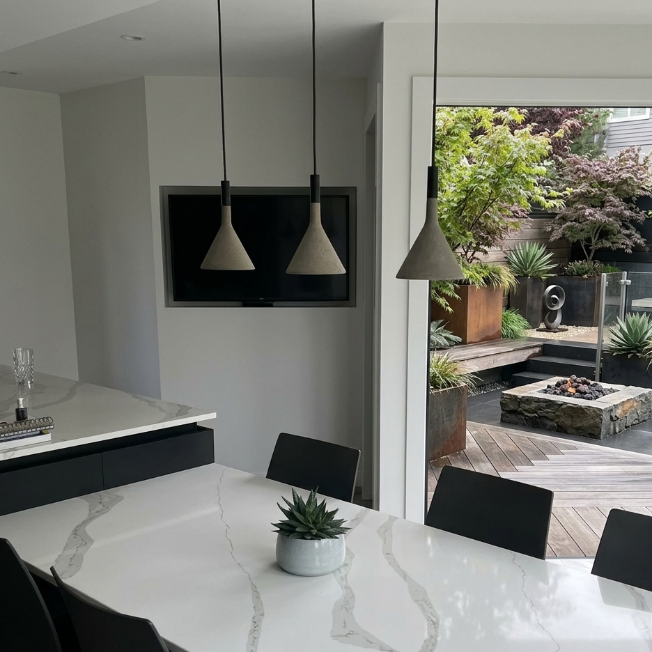 Conical concrete pendant lights over kitchen counter, speckled gray shades on black cords
