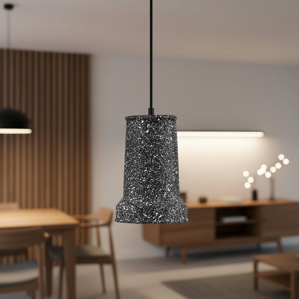 Black terrazzo stepped cone pendant light hanging from black cord