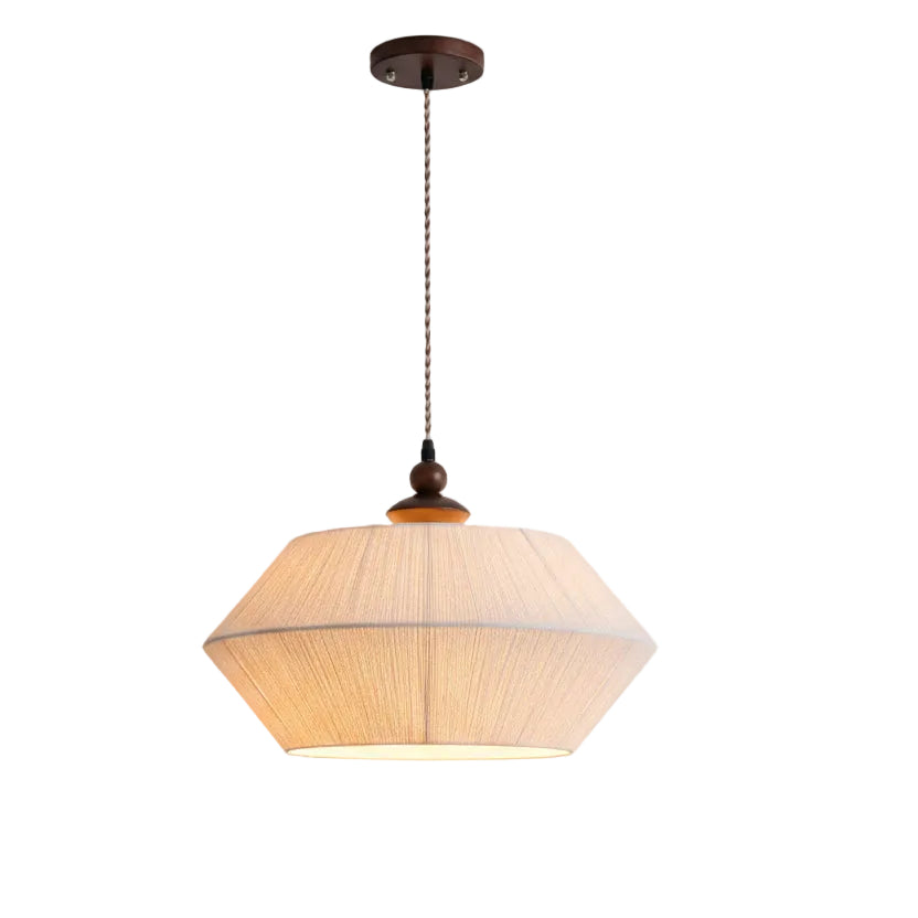 Hexagonal wood pendant drum light with braided cord and dark bronze canopy