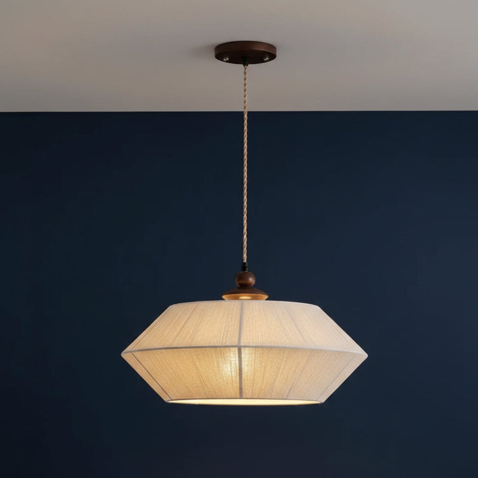 Hexagonal tapered wood pendant light with braided cord and dark bronze canopy