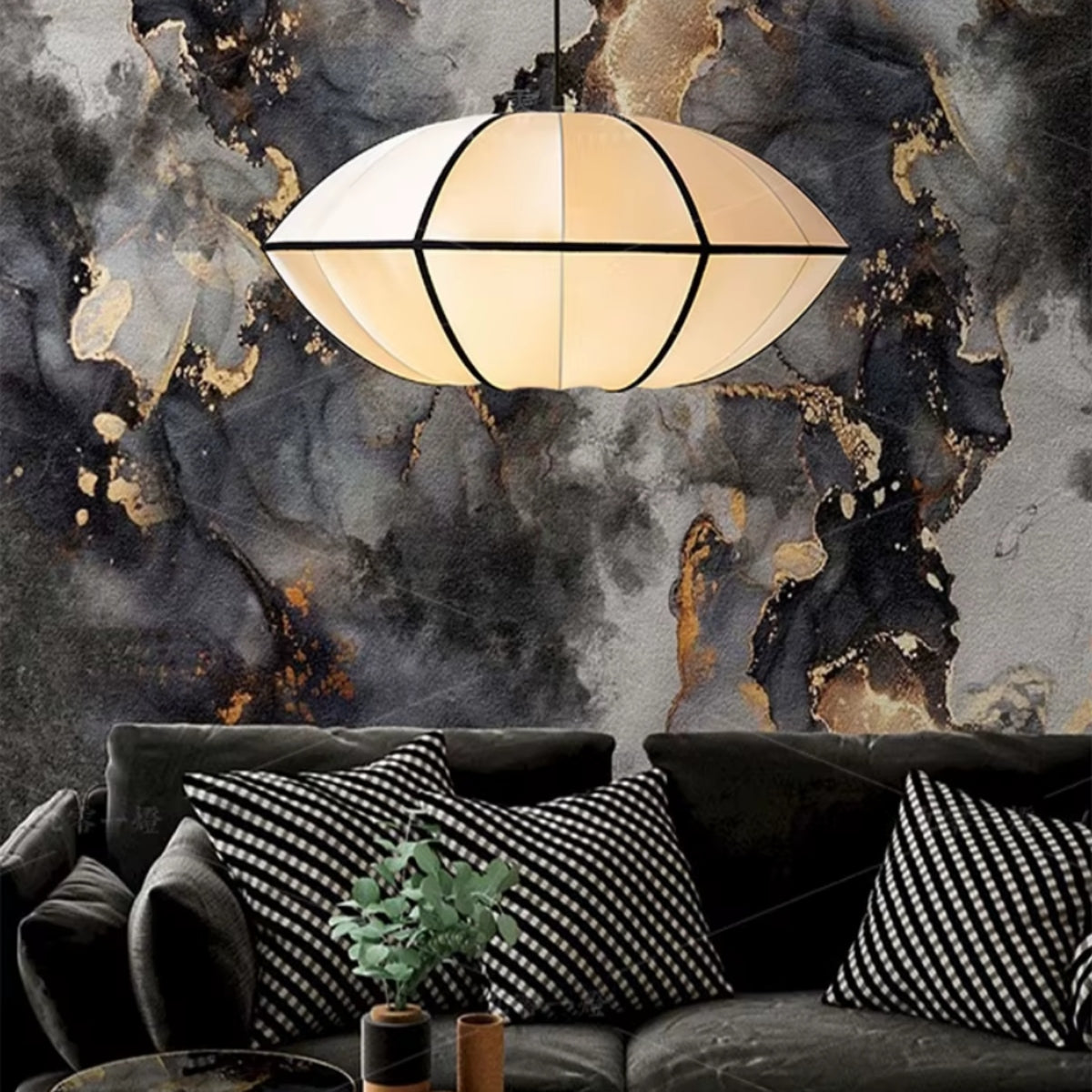Black metal Japandi pendant light with cream dome shade and circular ring design