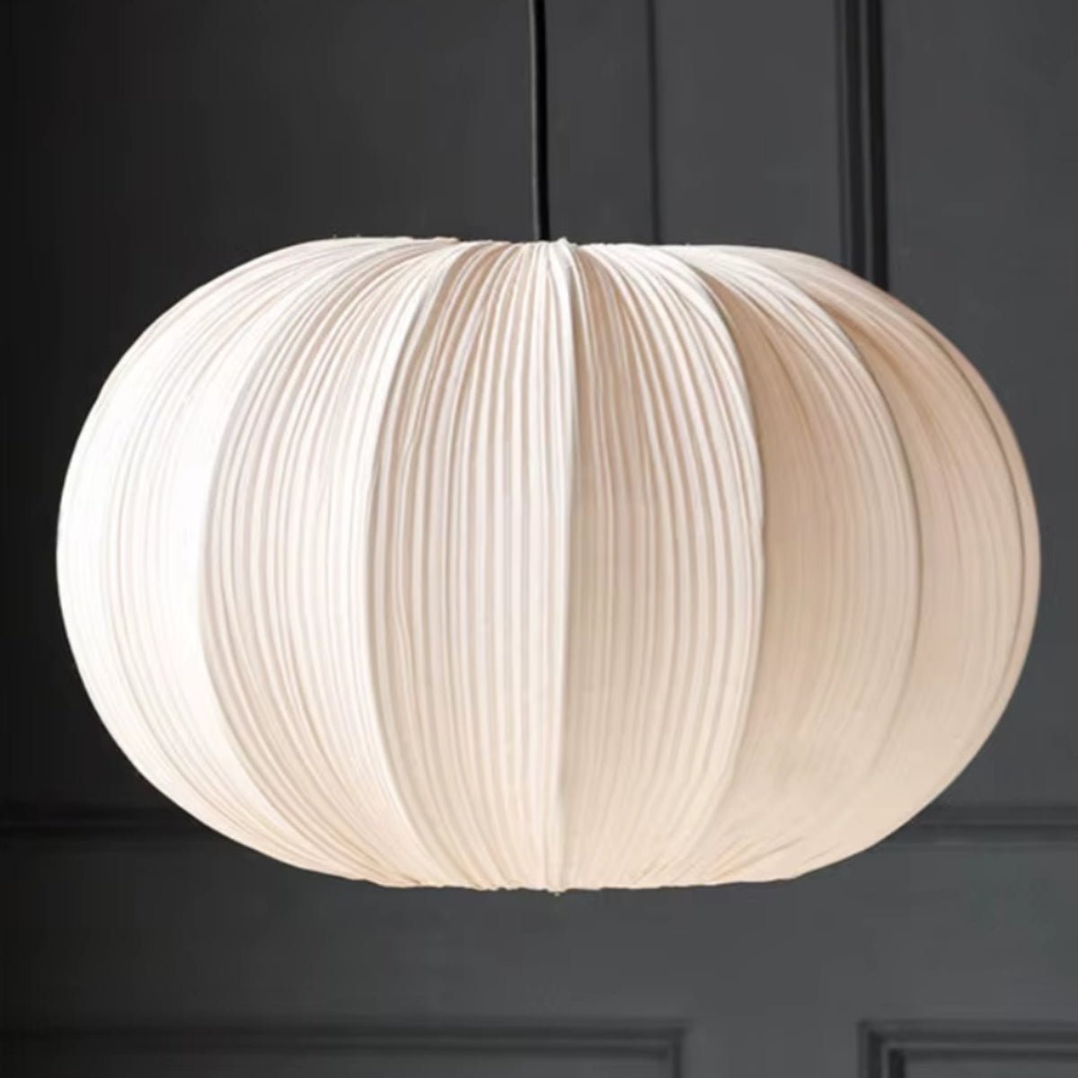 Ribbed fabric pumpkin pendant light shade in white with center seam