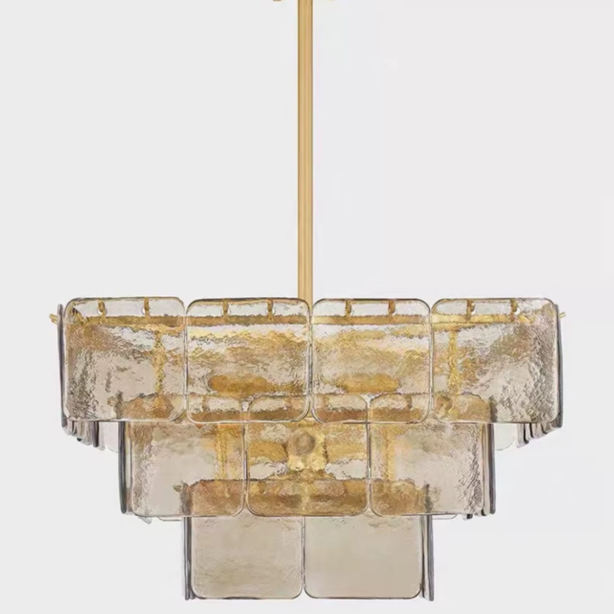 Front view square layered glass chandelier with gold frame and hanging stem