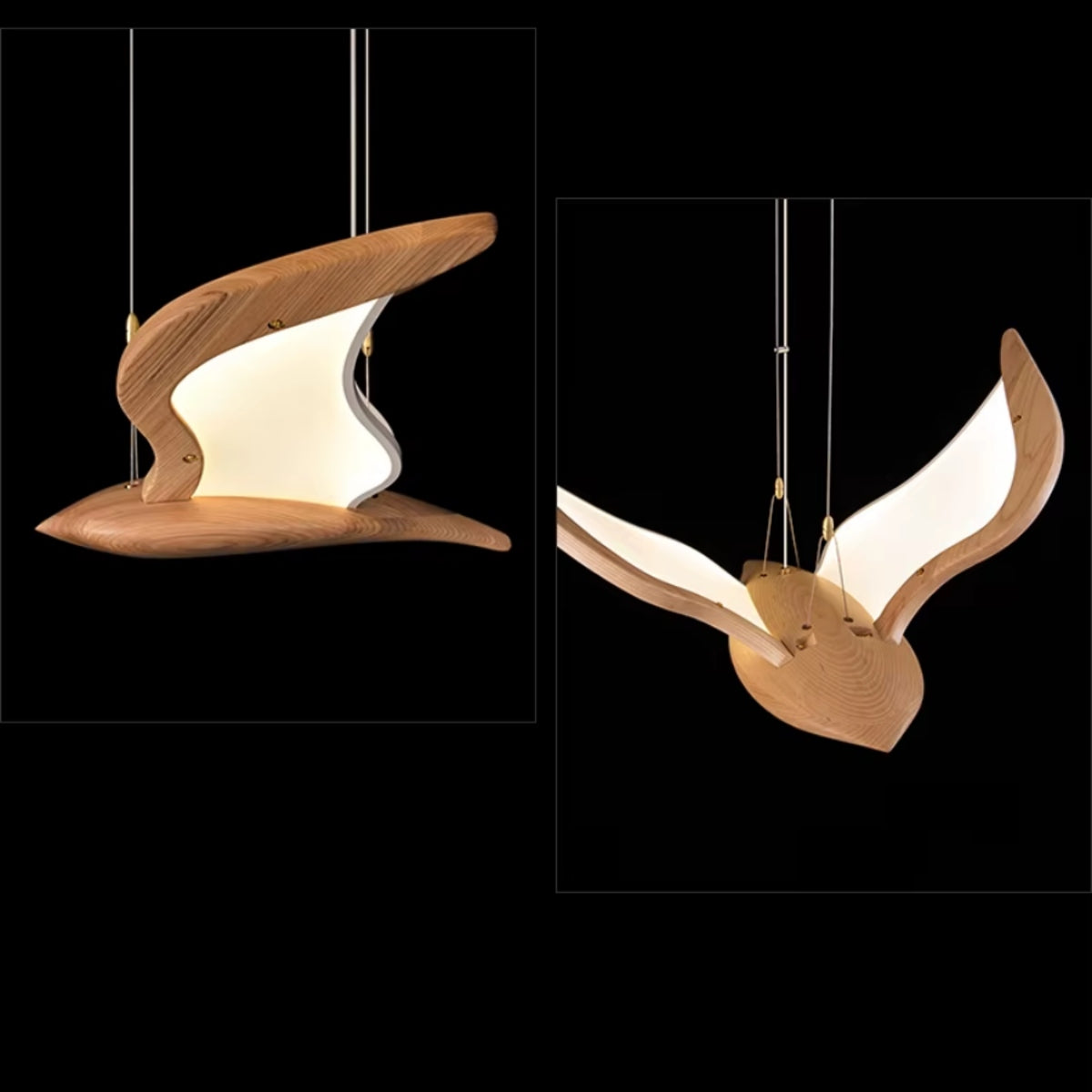 Wooden bird-style pendant light with LED glow, multiple hanging fixtures on cords