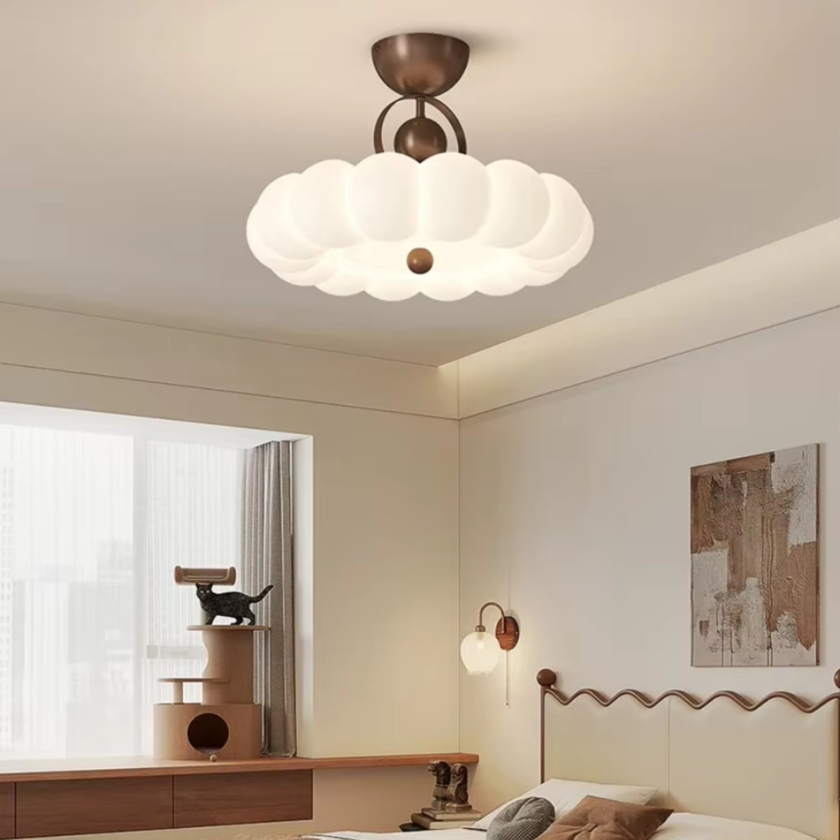 White scalloped petal ceiling light with bronze canopy and clustered petal shade