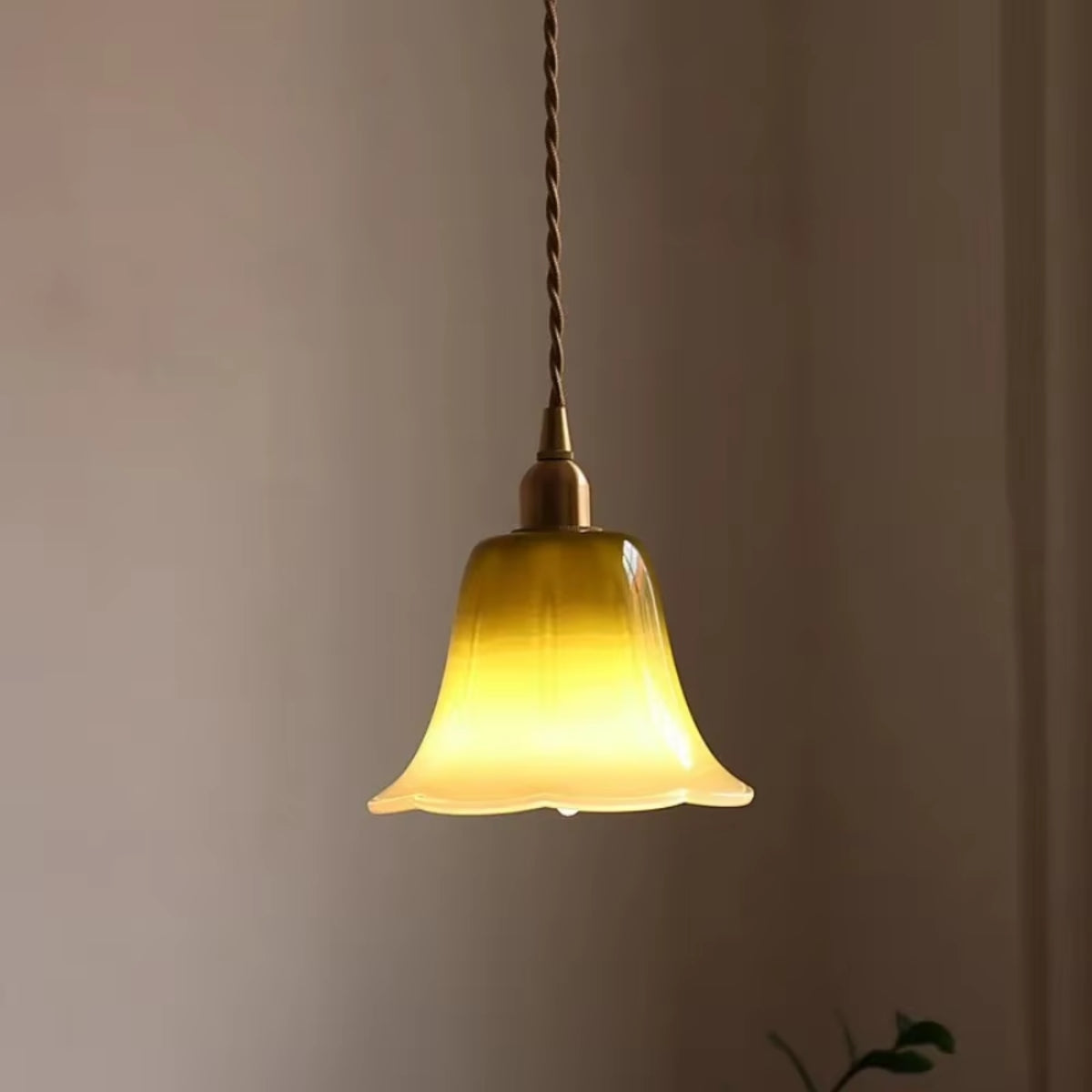 Green opaline bell-shade pendant light with twisted cord and brass cap