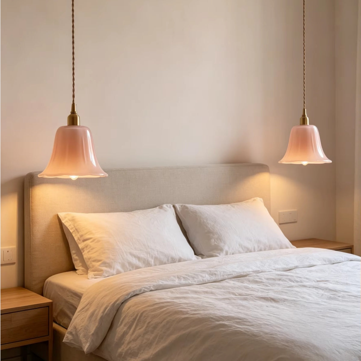 Pair of pink opaline bell-shade pendant lights with twisted cords and brass caps