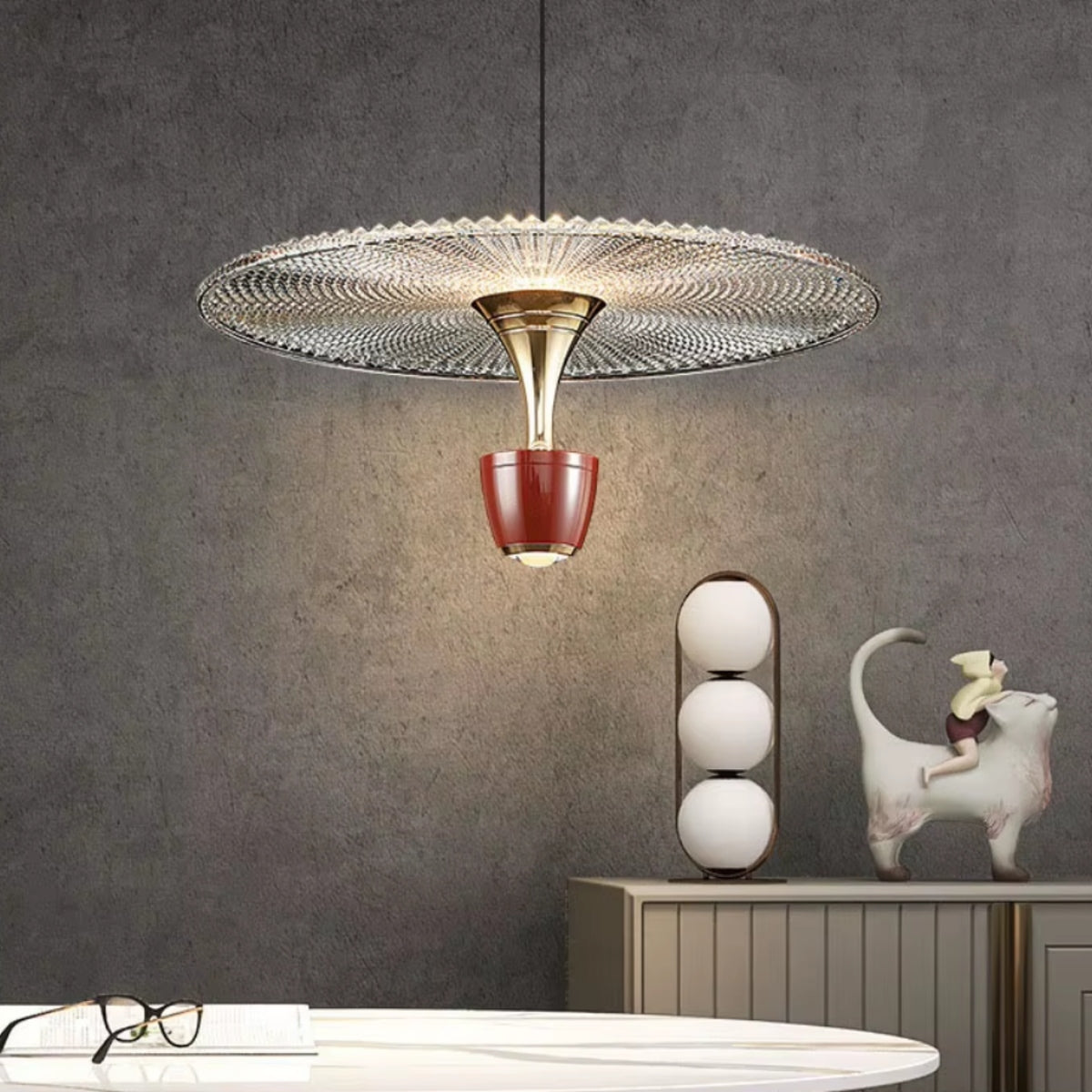 Italian disk conical pendant light with red conical shade and gold mesh ceiling disk