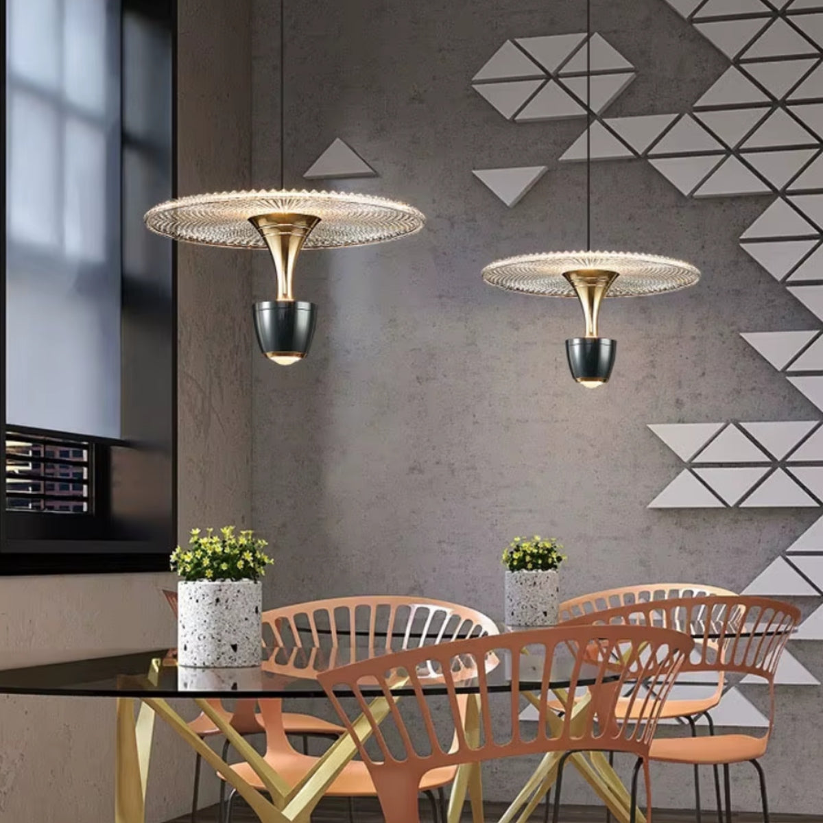 Italian disk conical pendant light with black conical shade and gold mesh diffuser