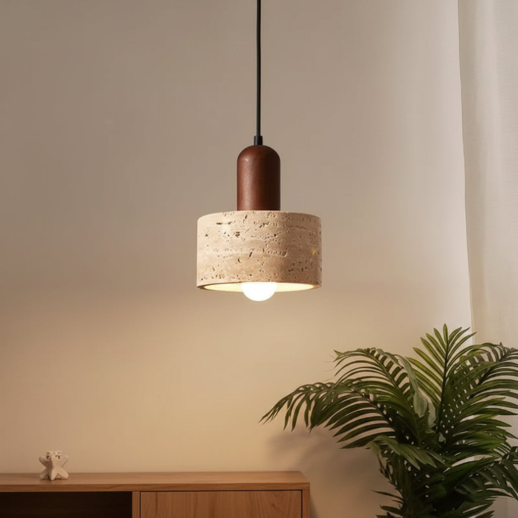 Tavix Travertine Drum Pendant Light | Minimalist Cylindrical Hanging Fixture