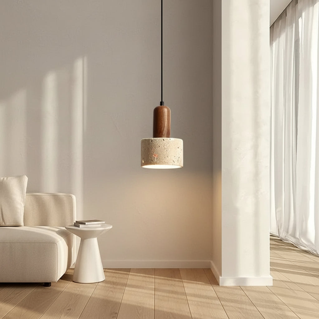 Tavix Travertine Drum Pendant Light | Minimalist Cylindrical Hanging Fixture
