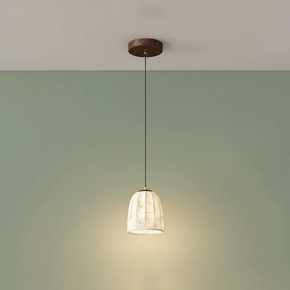 Minimal pendant light with floral bell-dome shade and dark round ceiling canopy