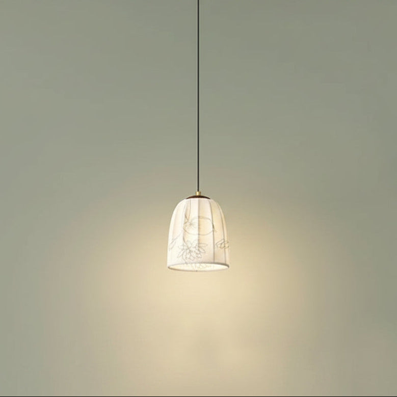 Bell-dome pendant light with floral shade and thin gold cord