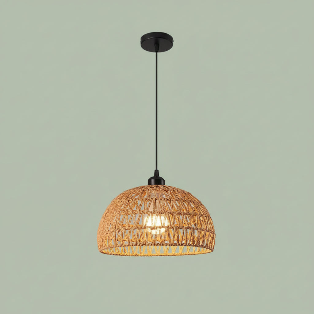 Rope-woven trapezoid pendant light with black ceiling mount, softly glowing bulb