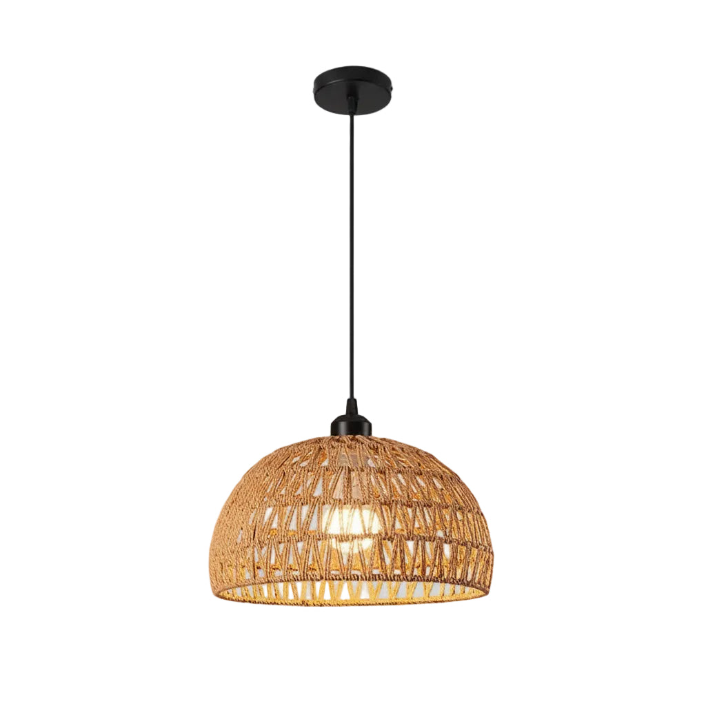 Trapezoid rope pendant light with black canopy and hanging cord, unlit shade