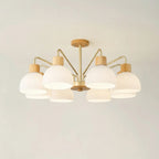 8-light multi-arm dome chandelier with ribbed white glass shades and light wood caps