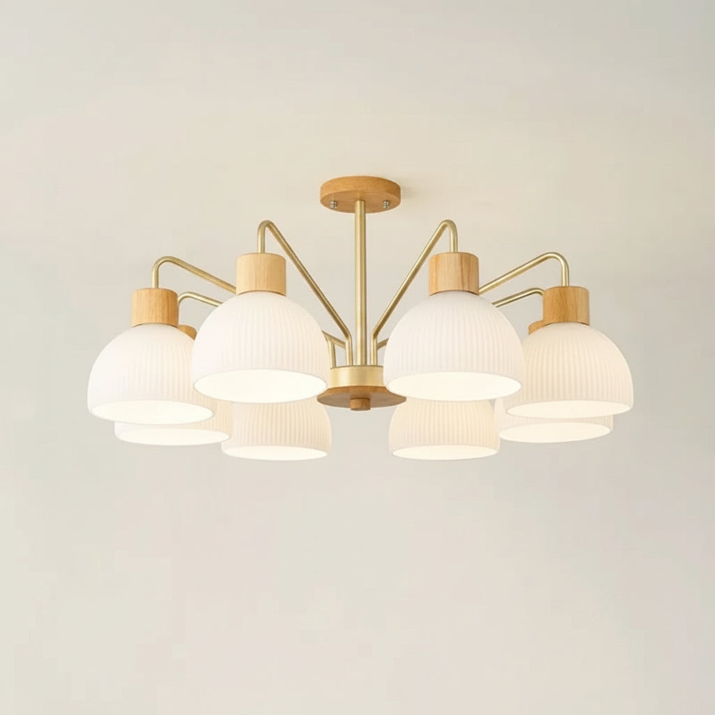 8-light multi-arm dome chandelier with ribbed white glass shades and light wood caps