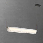 Linear alabaster bar chandelier with frosted white diffuser and gold rods on dark mounts