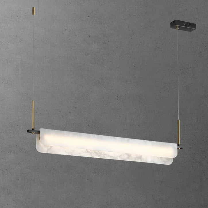 Linear alabaster bar chandelier with frosted white diffuser and gold rods on dark mounts