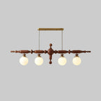 Walnut linear spindle-ball chandelier with 4 frosted glass globe lights