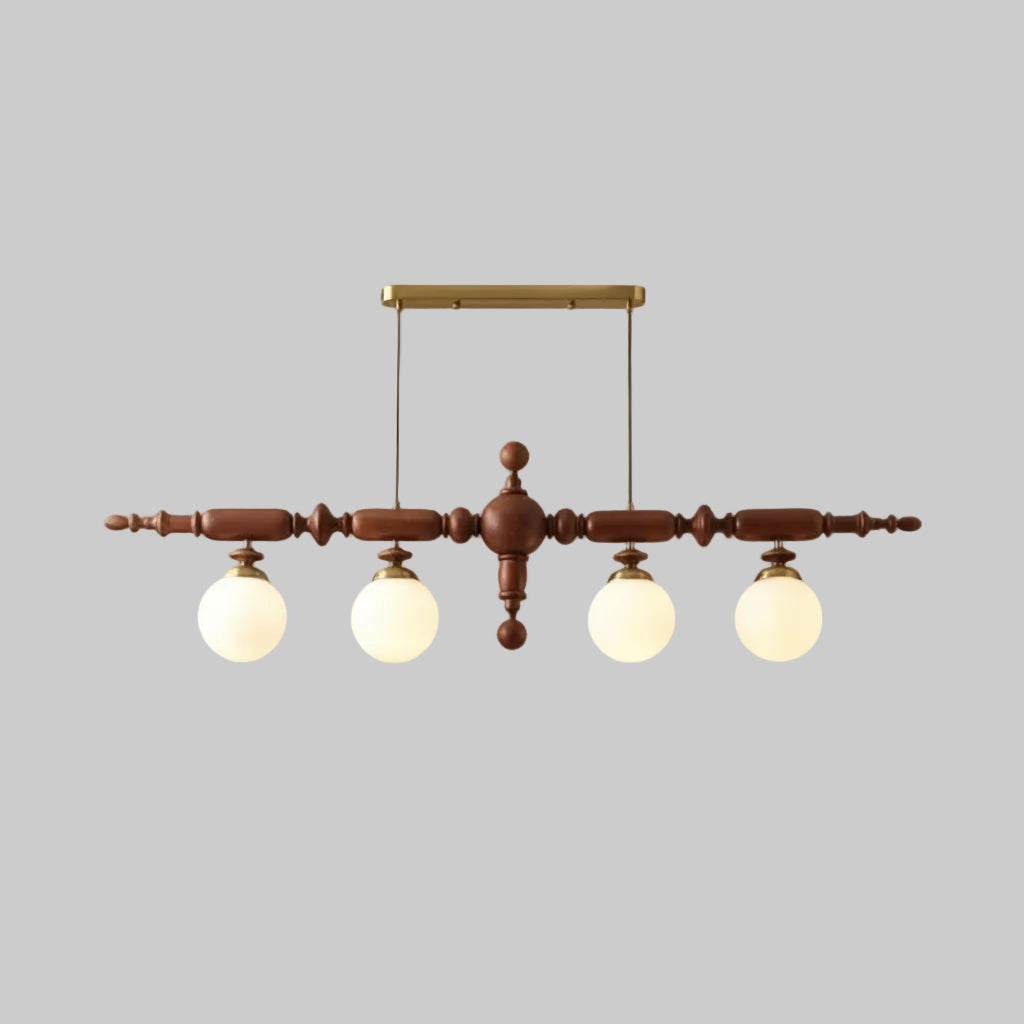 Walnut linear spindle-ball chandelier with 4 frosted glass globe lights