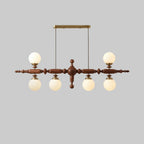 Walnut linear spindle-ball chandelier with 5 frosted glass globe lights