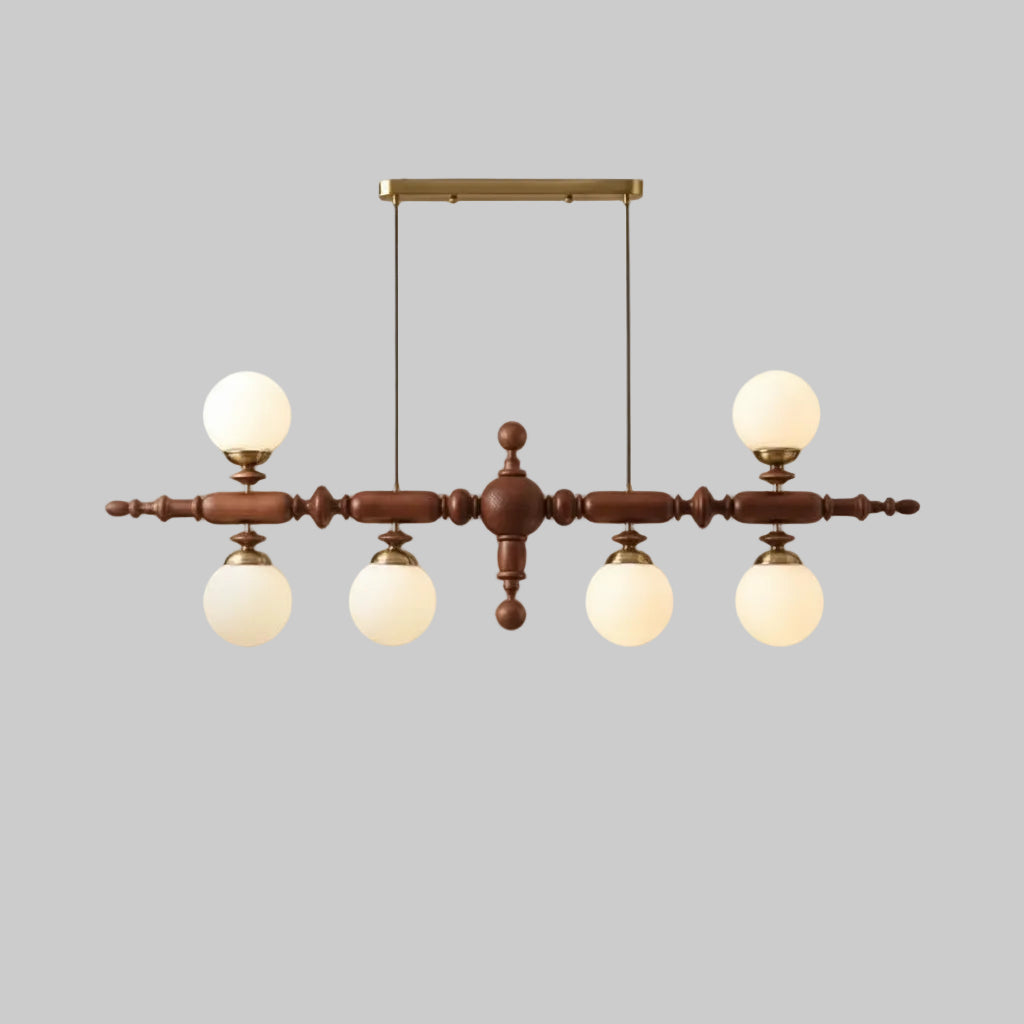 Walnut linear spindle-ball chandelier with 5 frosted glass globe lights