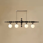 Black linear spindle-ball chandelier with 5 frosted glass globe lights