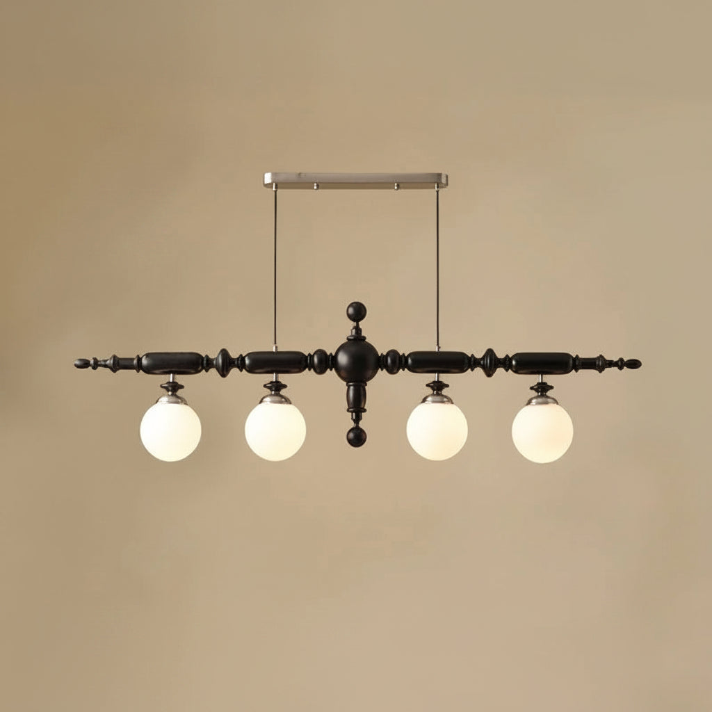 Black linear spindle-ball chandelier with 5 frosted glass globe lights